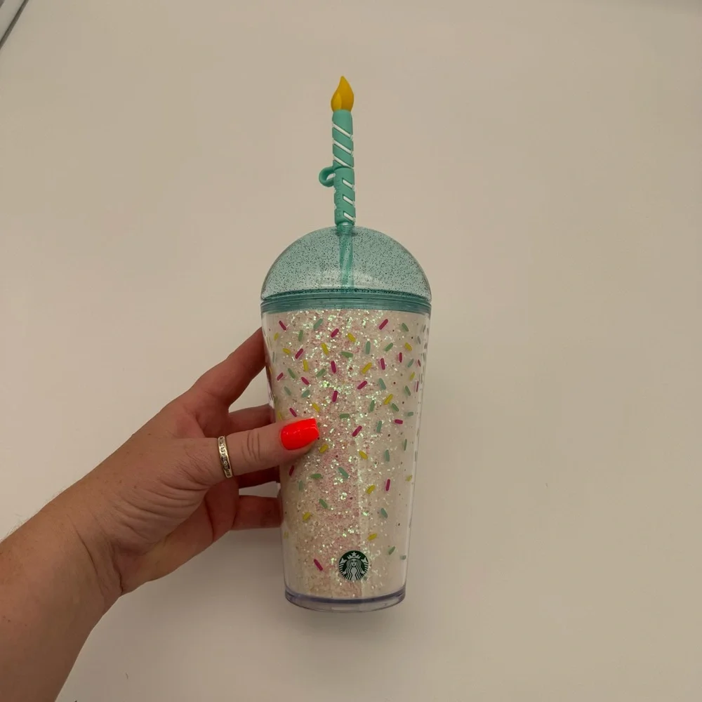 Starbucks Glitter Confetti Birthday Cold Cup Dome Lid & Candle Straw Topper NWT